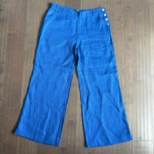 Vibrant Blue Wide-Leg Linen Pants with Button Detail